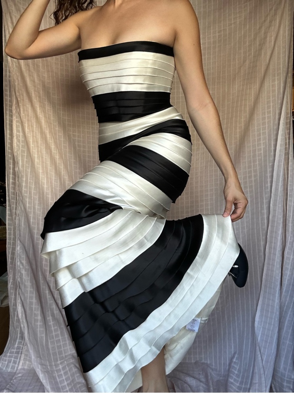 BCBGMaxAzria Black and White Strapless Tiered Maxi Dress - Picture 3 of 8